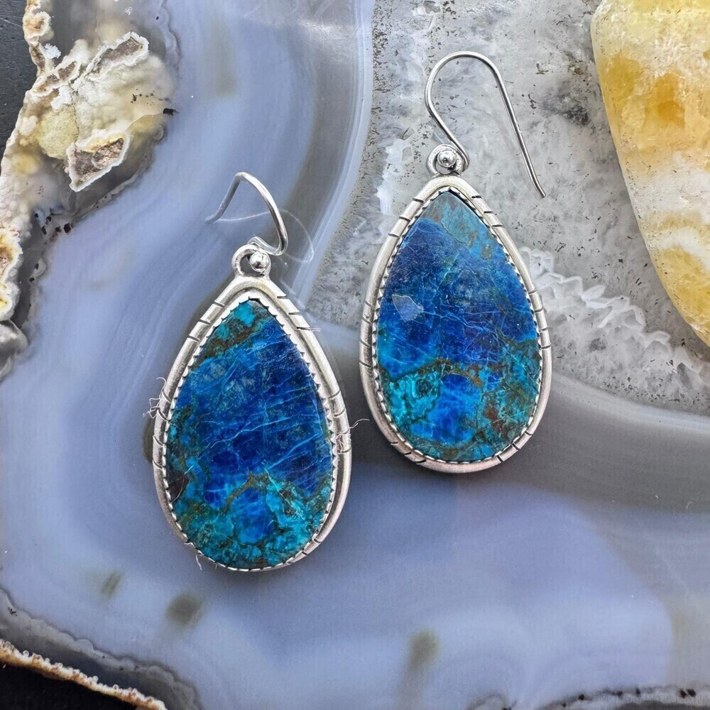 Sterling Southwestern Style Elongated Teardrop Shattuckite Dangle Earrings